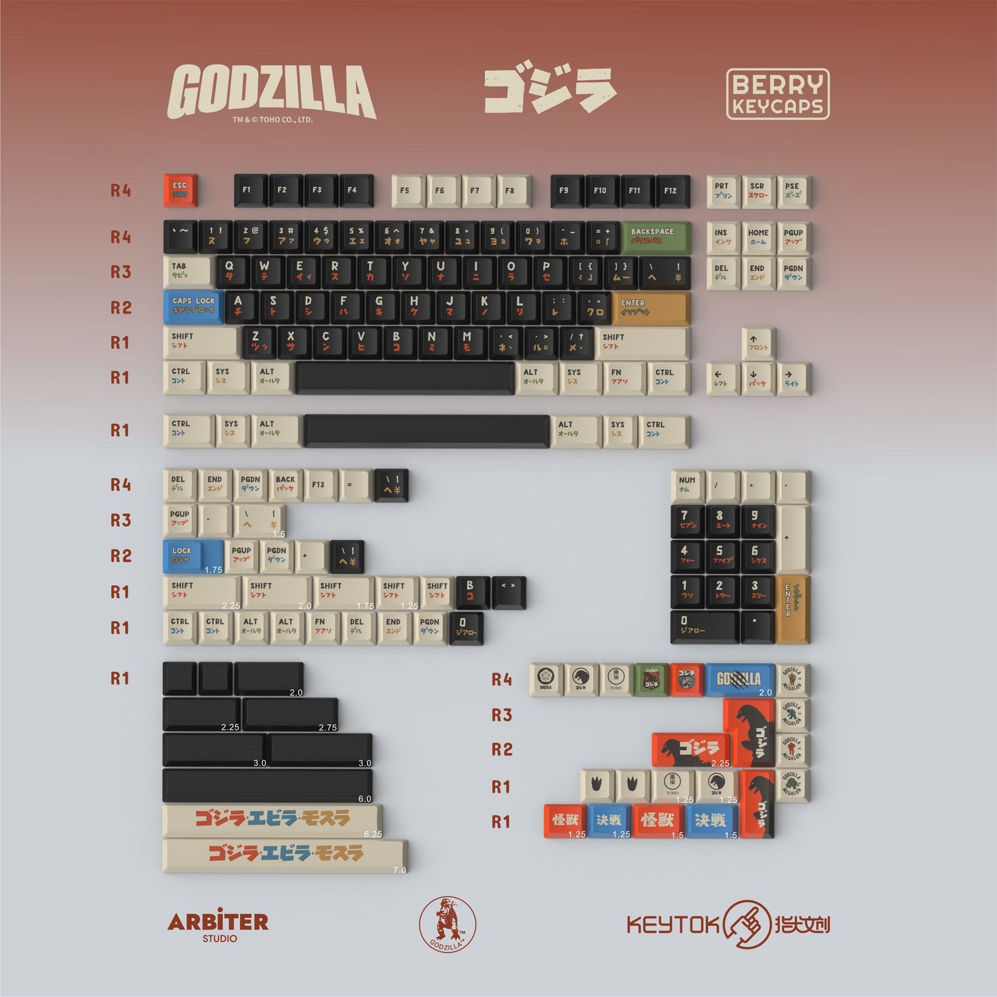Keytok BERRY Low-Profile Black Classic Godzilla Keycaps 173pcs / Set