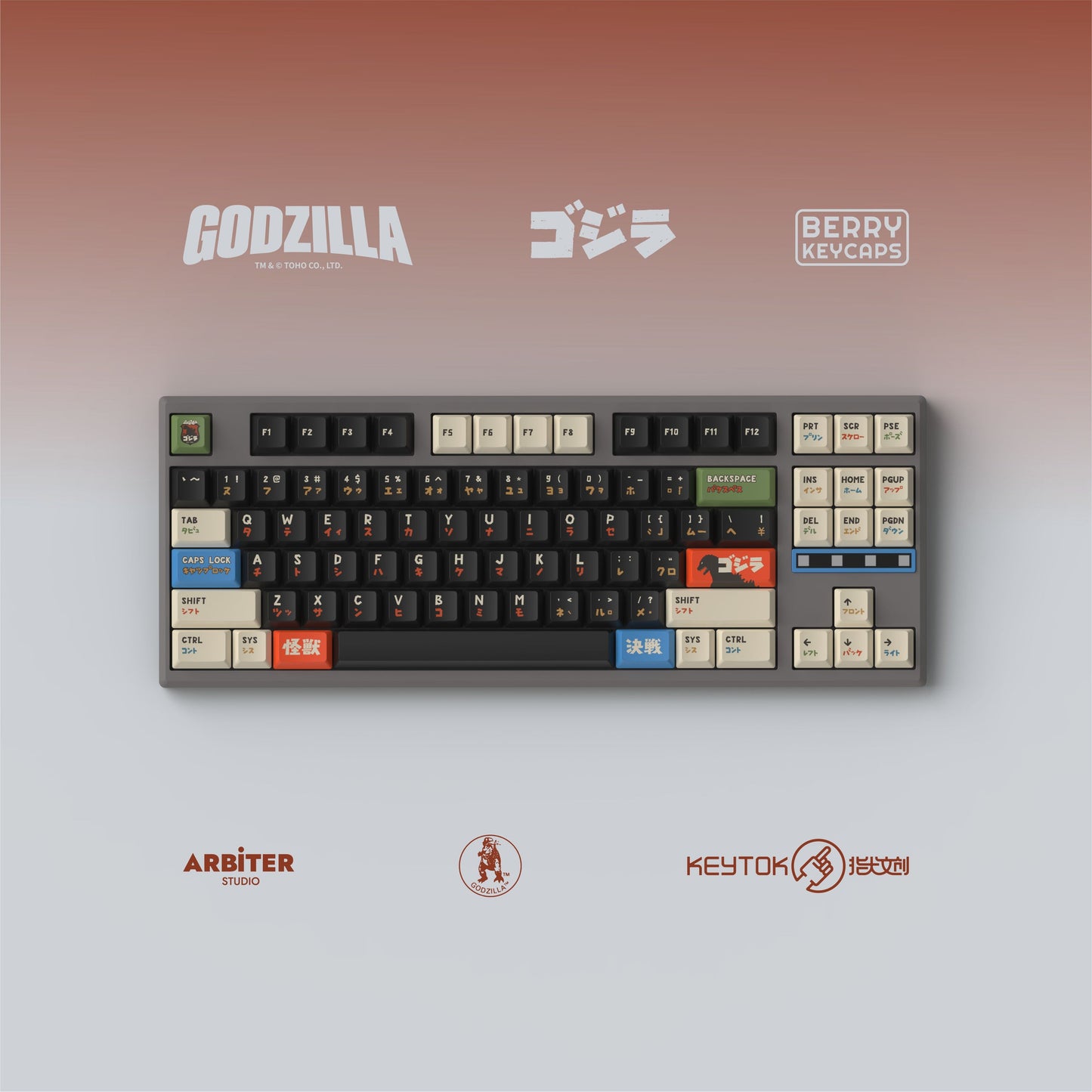 Keytok BERRY Low-Profile Black Classic Godzilla Keycaps 173pcs / Set